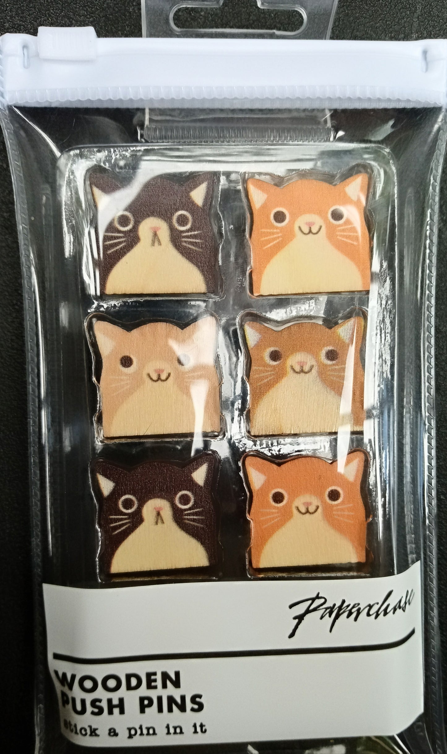BULK BUY 24 x Cat Push Pins wooden x 8 in zip pack - Paperchase