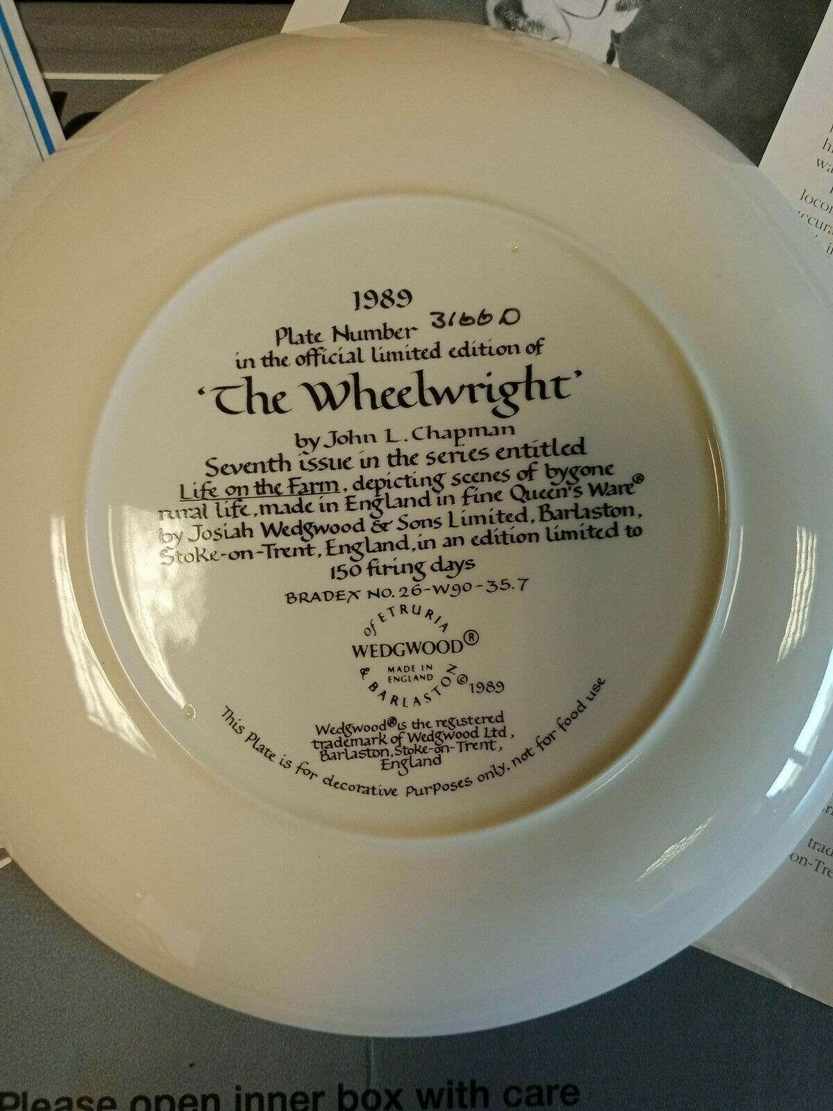 Wedgwood Queensware Collectors Boxed Plate Limited Ed. 1989 Wheelwright (7878)
