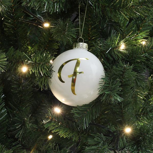 Christmas Tree Decoration Ornament - Hanging Glass White Bauble gold letter F - (9529