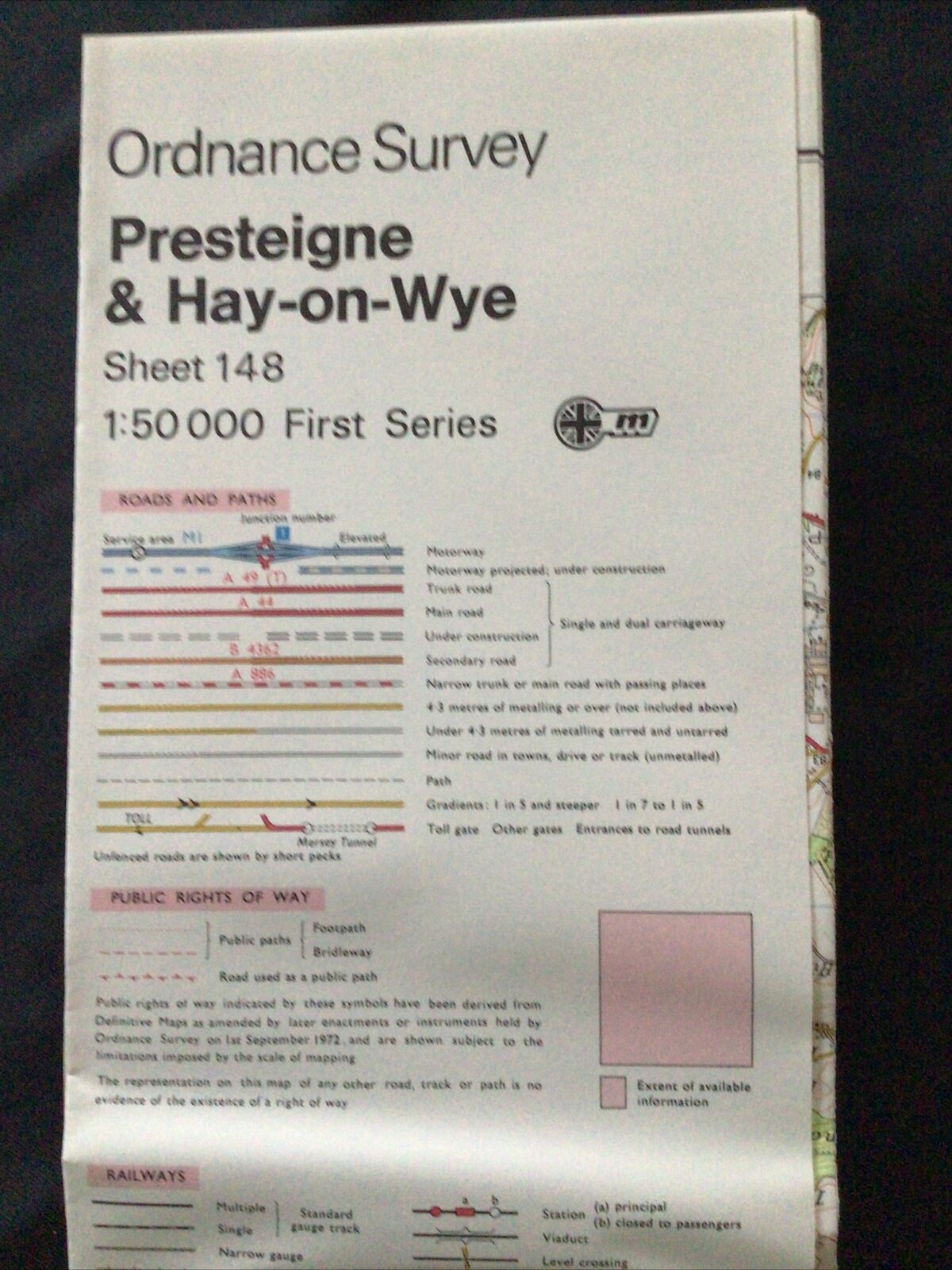 MAP - Ordnance Survey 1:50 1st Series 1974 -Presteigne & Hay-On-wye #148 (8710