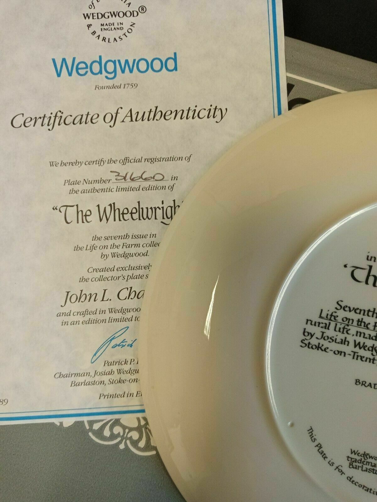 Wedgwood Queensware Collectors Boxed Plate Limited Ed. 1989 Wheelwright (7878)