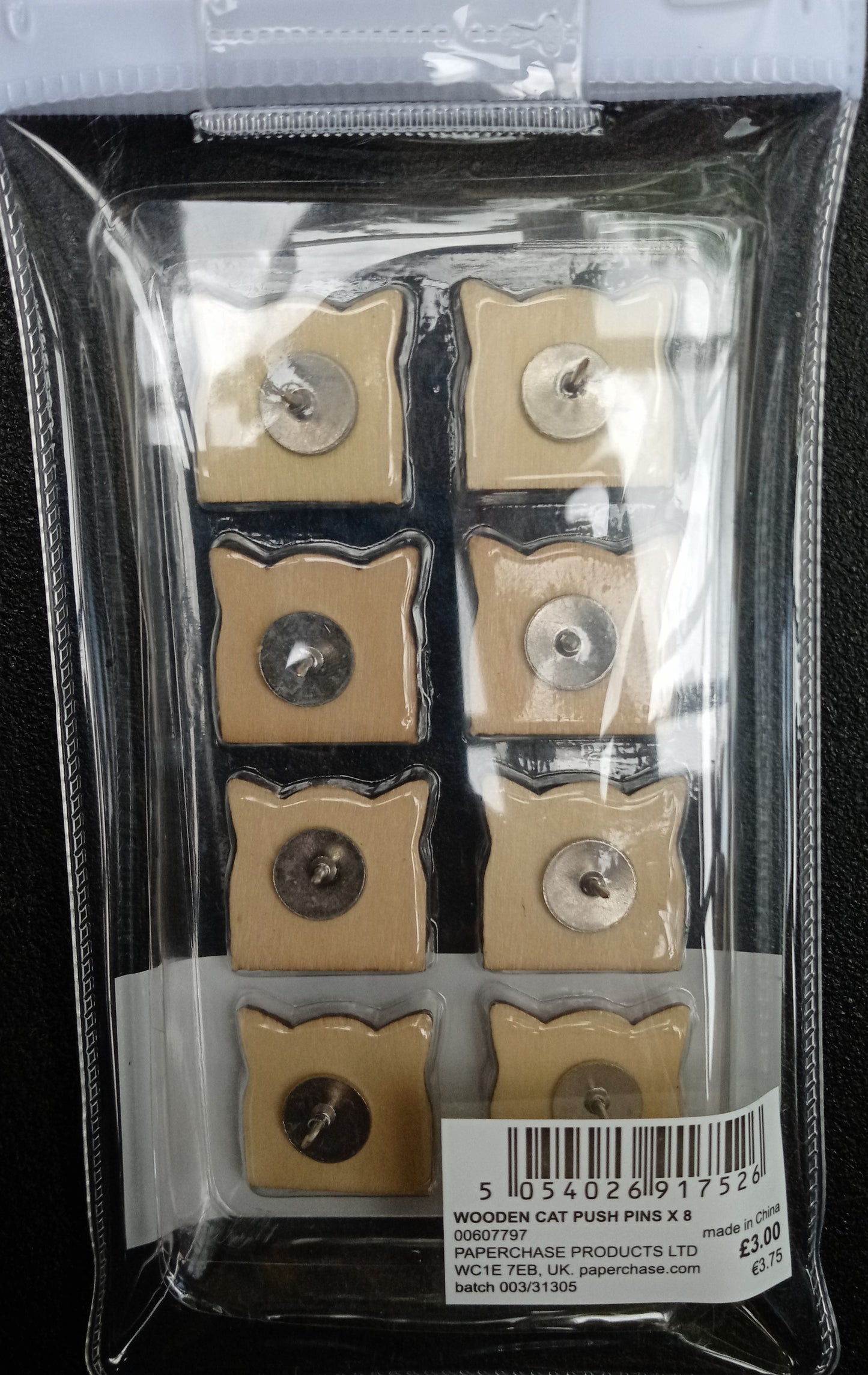 BULK BUY 24 x Cat Push Pins wooden x 8 in zip pack - Paperchase