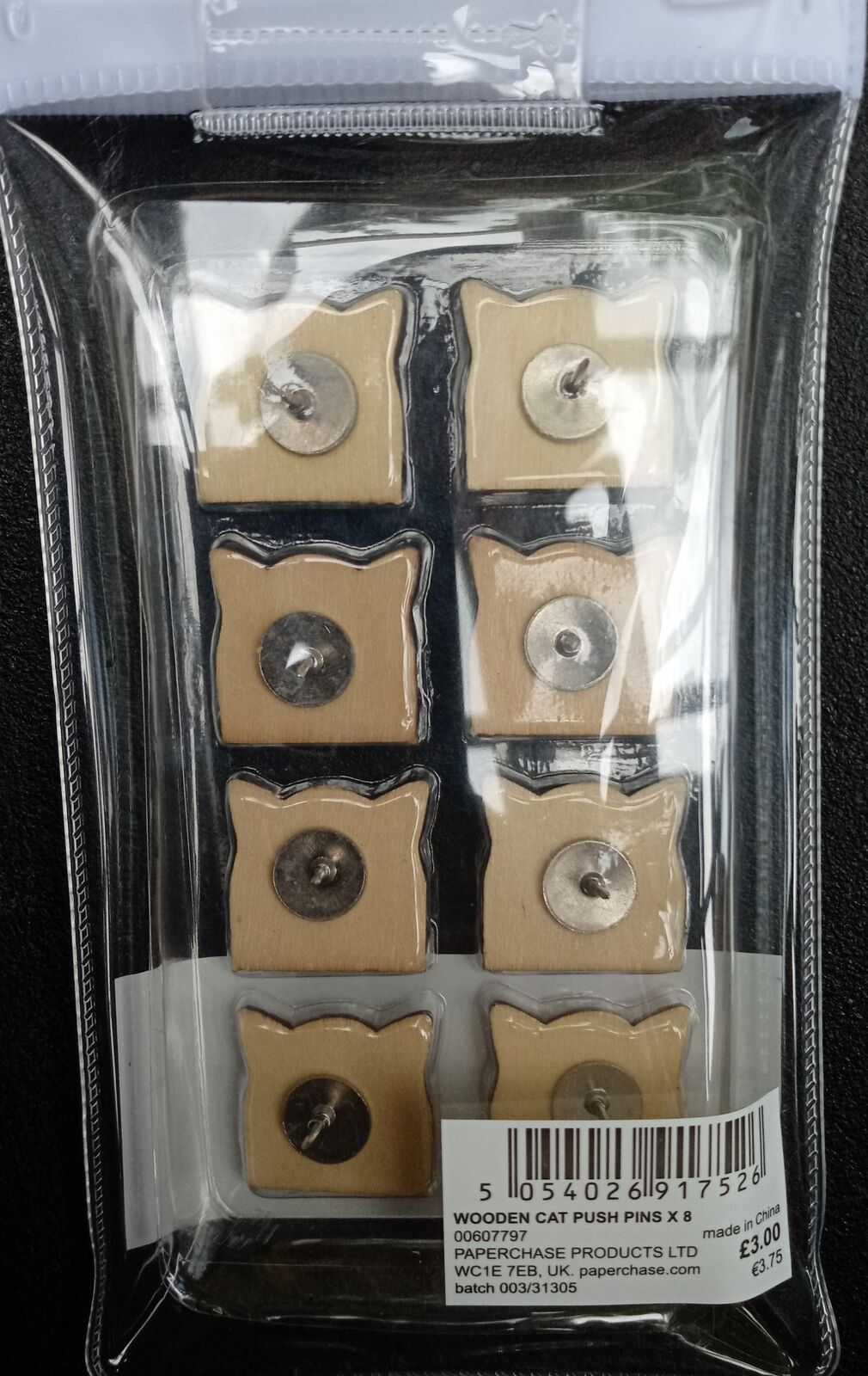 BULK BUY 24 x Cat Push Pins wooden x 8 in zip pack - Paperchase