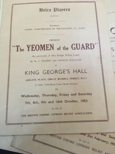 Belra Players King George's Hall Theatre Programmes x 9 1953 in aid of Leprosy -(2947)