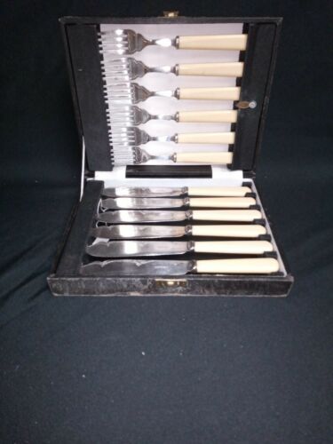 James Dixon & Sons Vintage Fish knife and fork cutlery set of 6 in box - (7024)