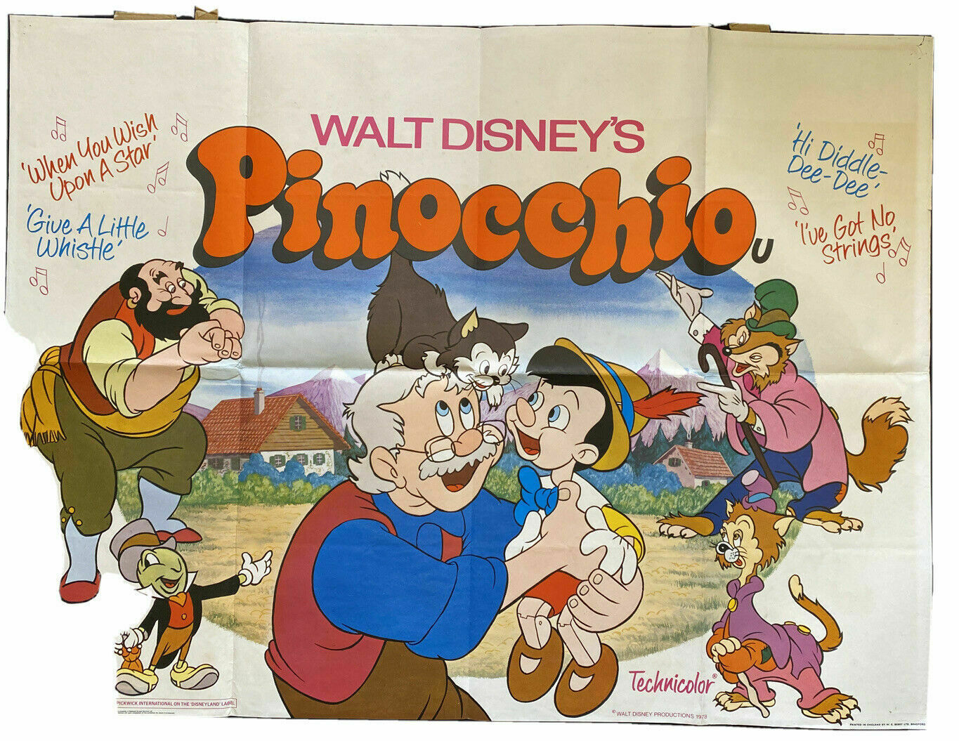 ORIGINAL UK QUAD POSTER - Disney's Pinocchio (1978 re-release) 30"x40" (6554)