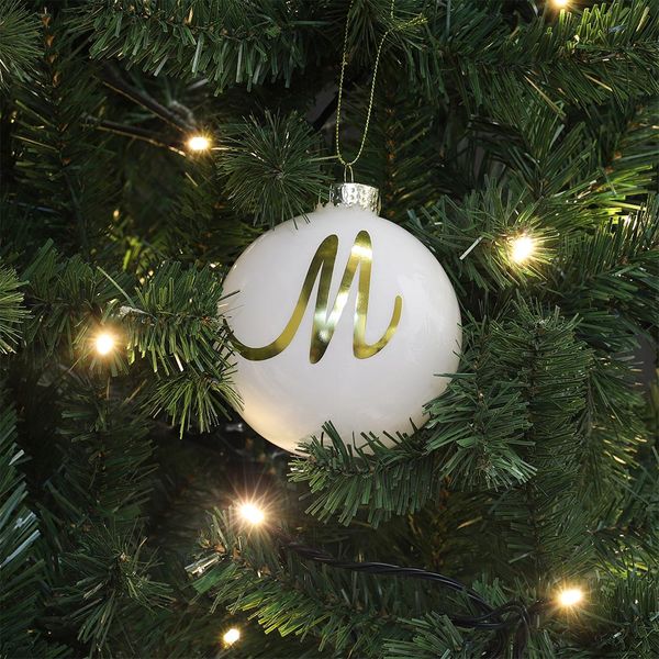 Christmas Tree Decoration Ornament - Hanging Glass White Bauble gold letter M - (9628