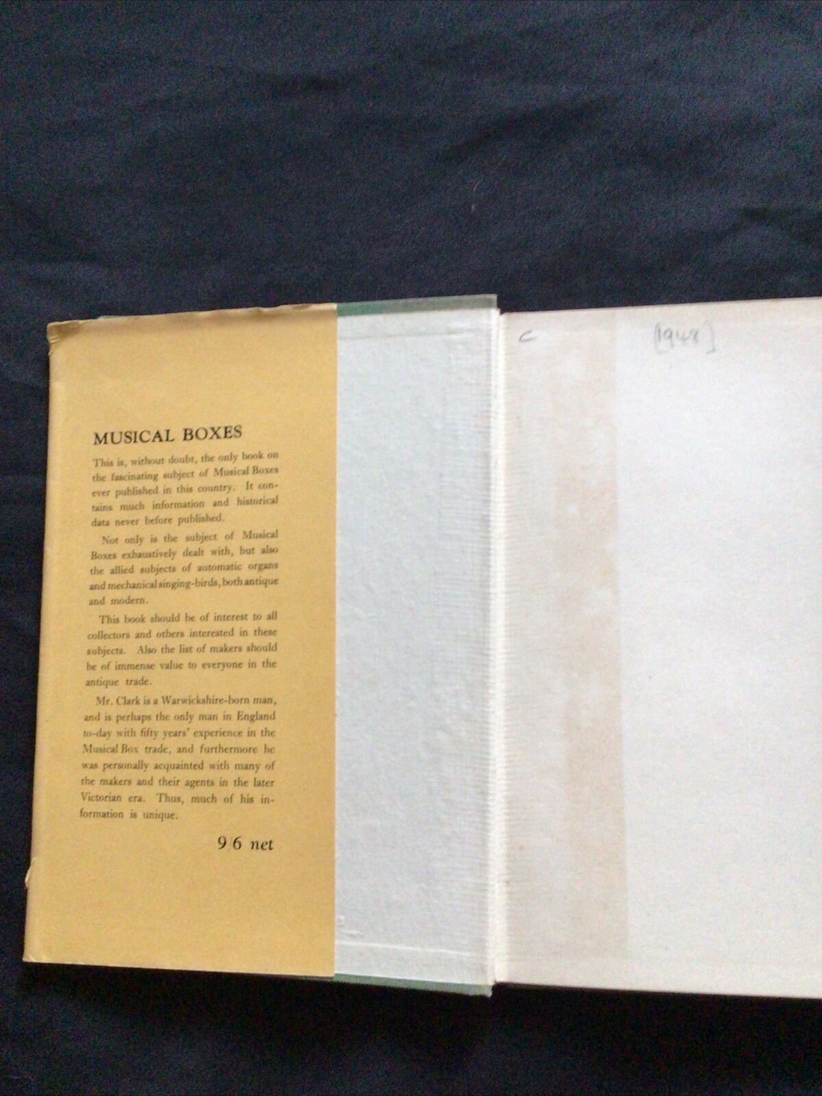 BOOK - MUSICAL BOXES - John Clark - 1940's - (8599)