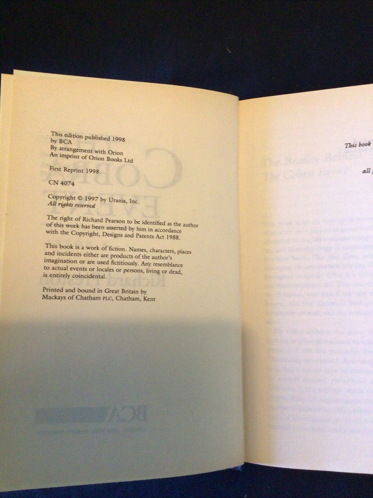 BOOK - THE COBRA EVENT - Richard Preston - Hardback 1998 - (8659)