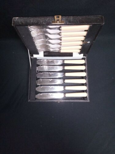 James Dixon & Sons Vintage Fish knife and fork cutlery set of 6 in box - (7024)