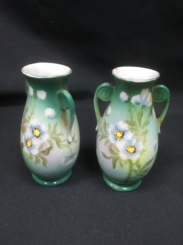 Japan bud vases pair vintage hand painted 11cm high green floral - (6686