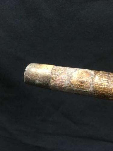 Antique Victorian Wood Walking stick horn tip gold filled collar knob end -(6619