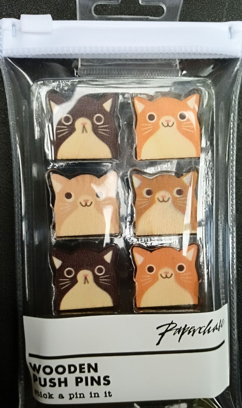 BULK BUY 24 x Cat Push Pins wooden x 8 in zip pack - Paperchase