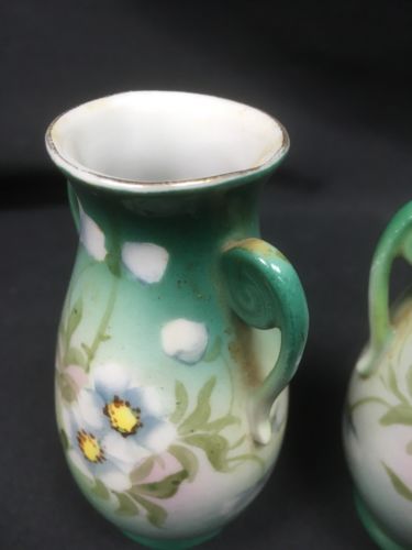 Japan bud vases pair vintage hand painted 11cm high green floral - (6686