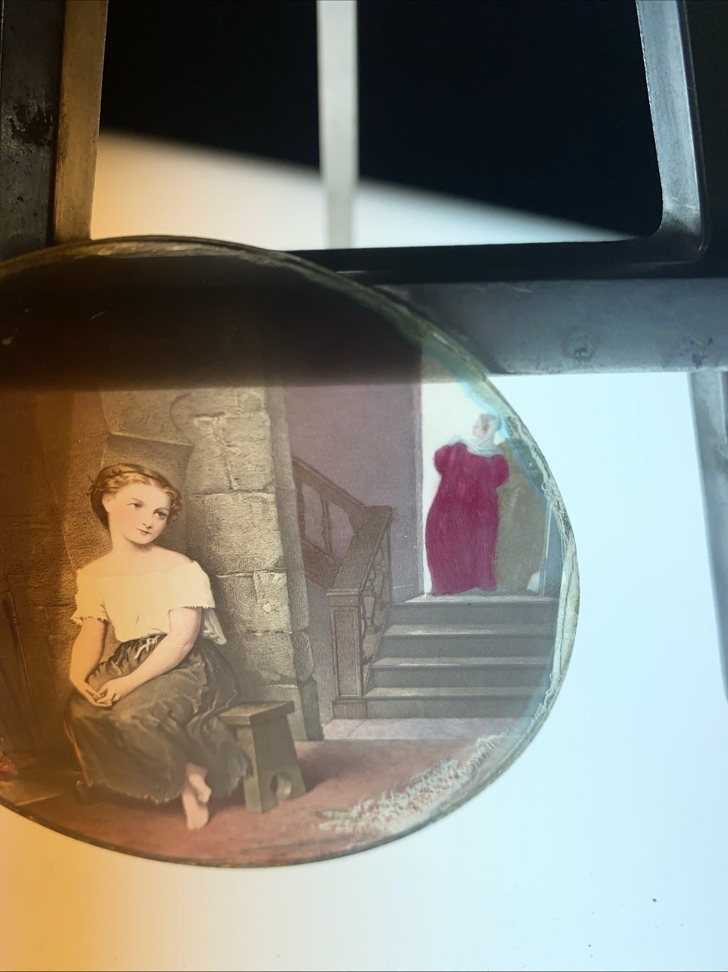 Magic Lantern Victorian Glass Round Handpainted Slide Maid by the fire (1150)