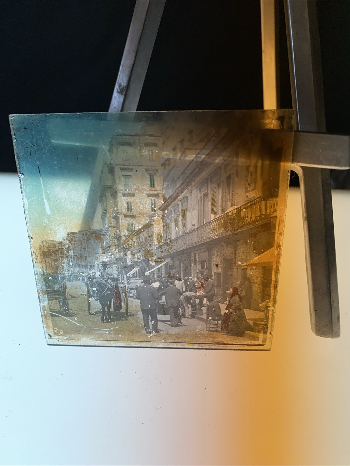 Magic Lantern Victorian Glass Square Photo City People Horses London? (1182)
