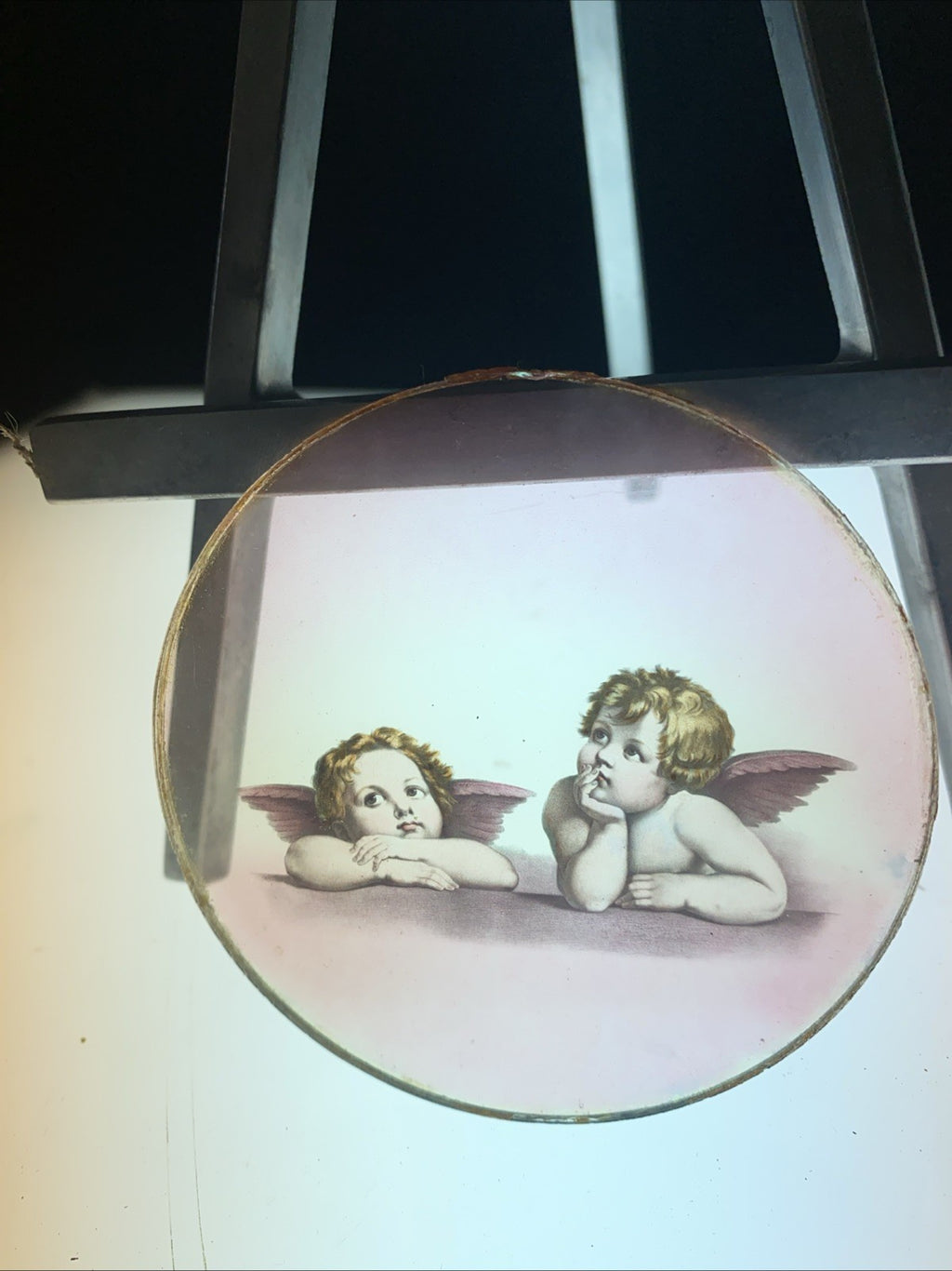 Magic Lantern Victorian Glass Round Handpainted Slide Pair of Cherubs (1116)