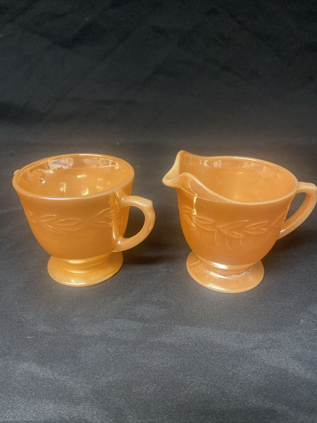 Vintage FIRE KING Oven Ware PEACH LUSTRE c1950 Glass USA Laurel Creamer & Sugar