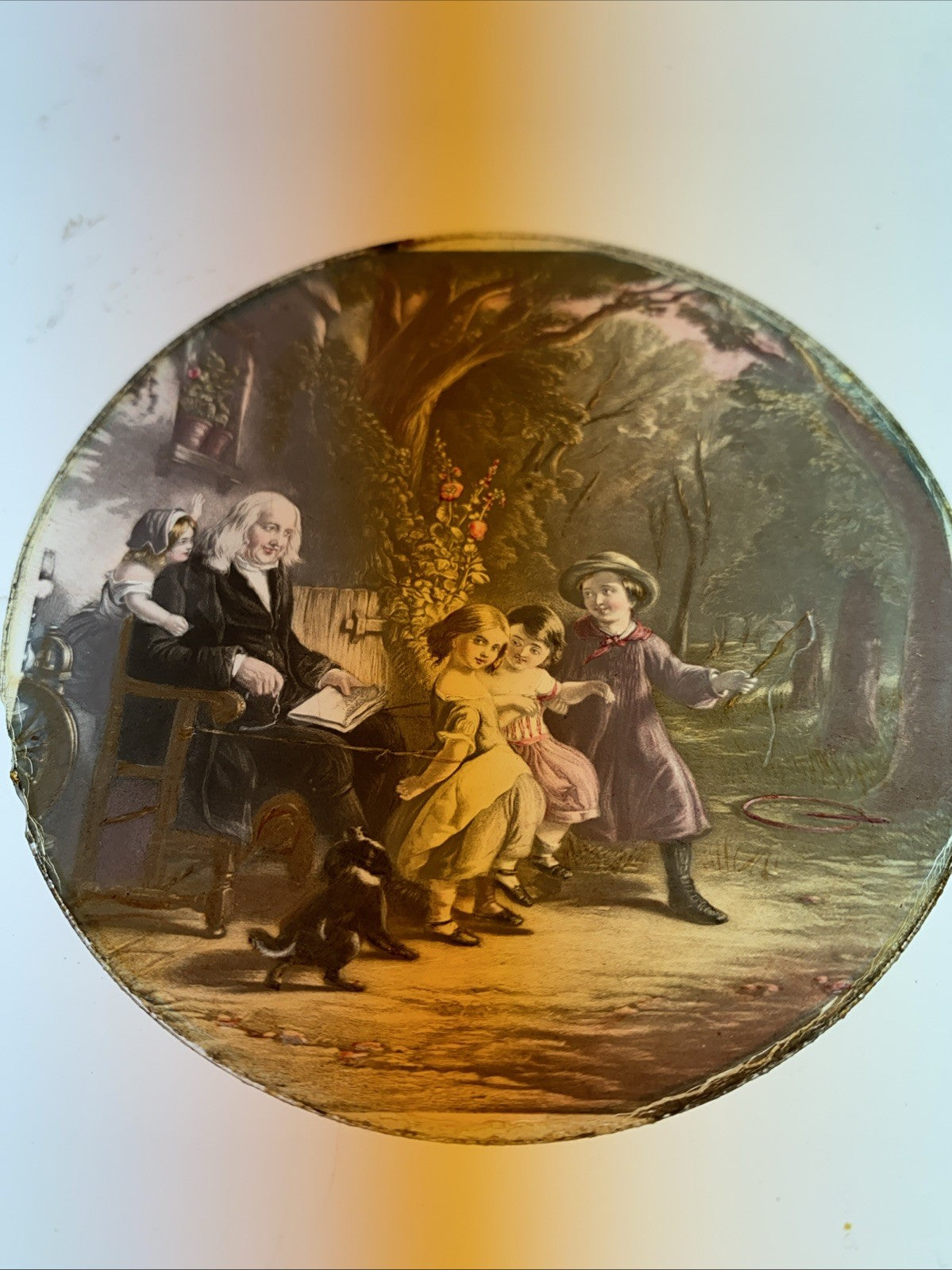Magic Lantern Victorian Glass Round Handpainted Slide Children Playing (1135)