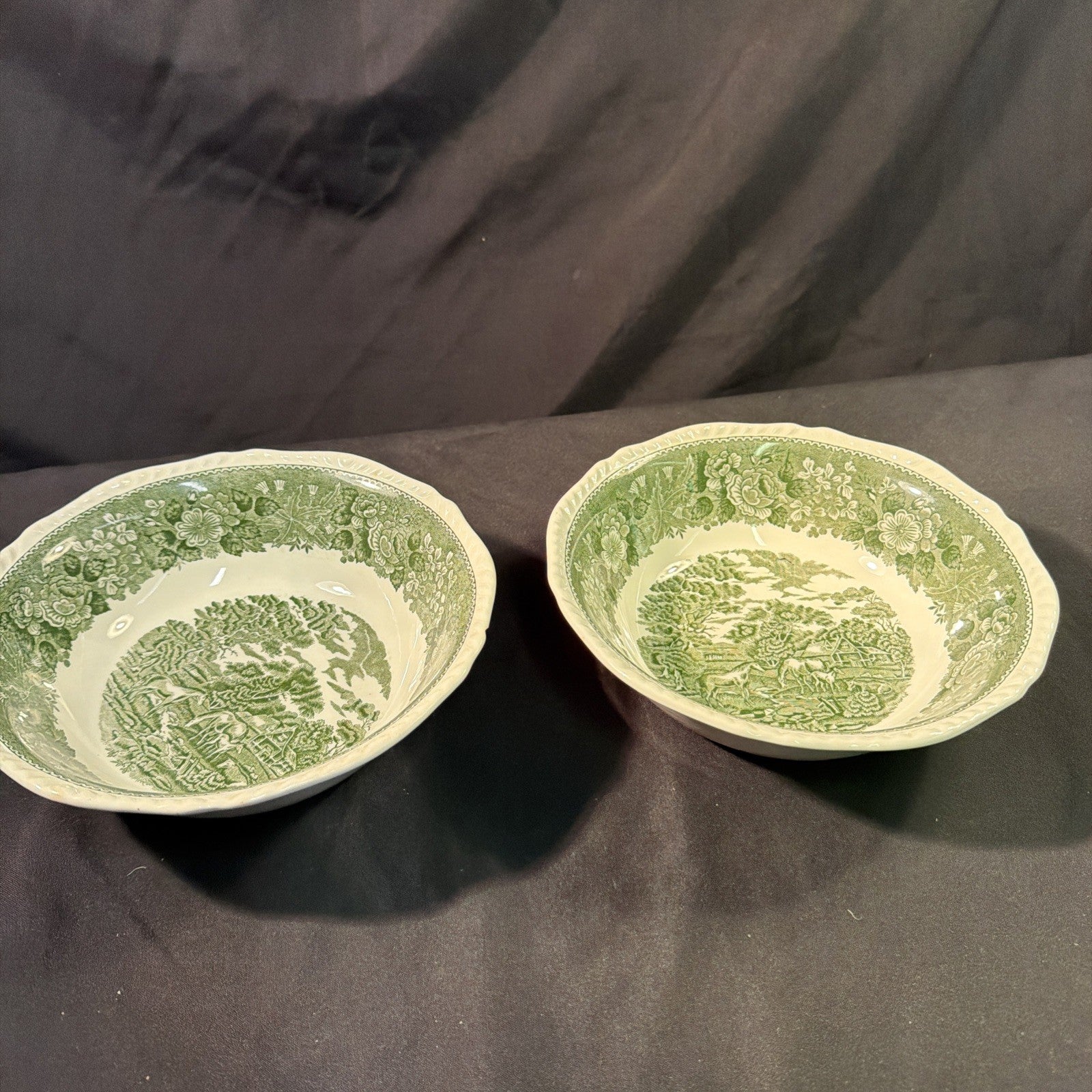 Adams Ironstone "English Scenic" Green Large Pair Serving Bowls - (2093)