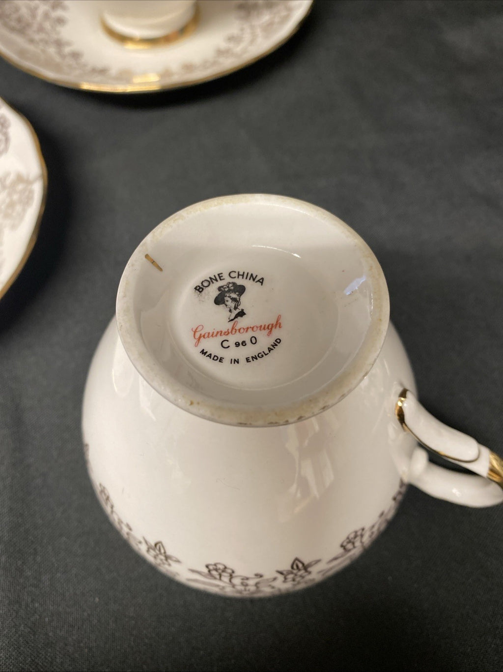 Vintage Gainsbourgh China Three Cups and Saucers Gilt Floral - (1593)