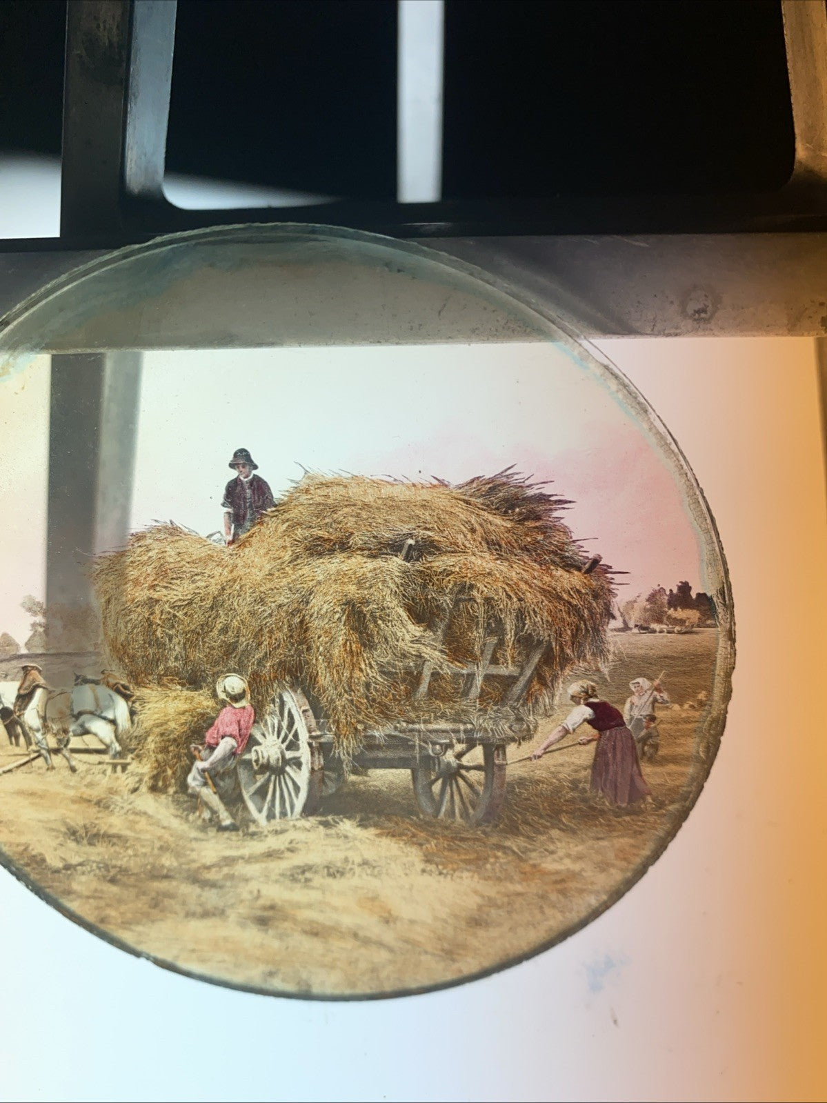 Magic Lantern Victorian Glass Round Handpainted Slide Gathering of Hay (1124)