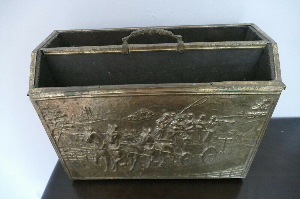 Brass Repousse Exterior Design "Cart and Horses" Magazine Rack Antique (8568)