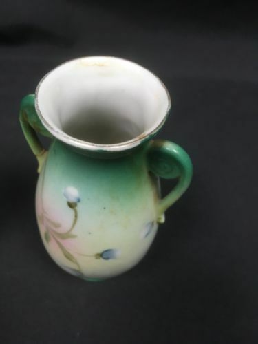 Japan bud vases pair vintage hand painted 11cm high green floral - (6686