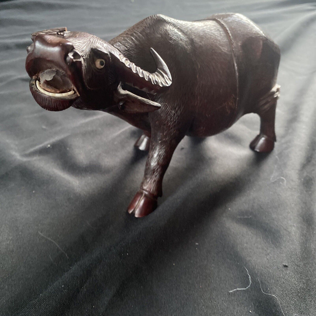 Late 19th century Chinese hardwood carved water buffalo or oxen Signed - (9404)