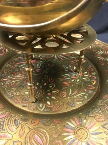 Antique brass tray hand coloured design and brass kettle + Trivet - (2790)