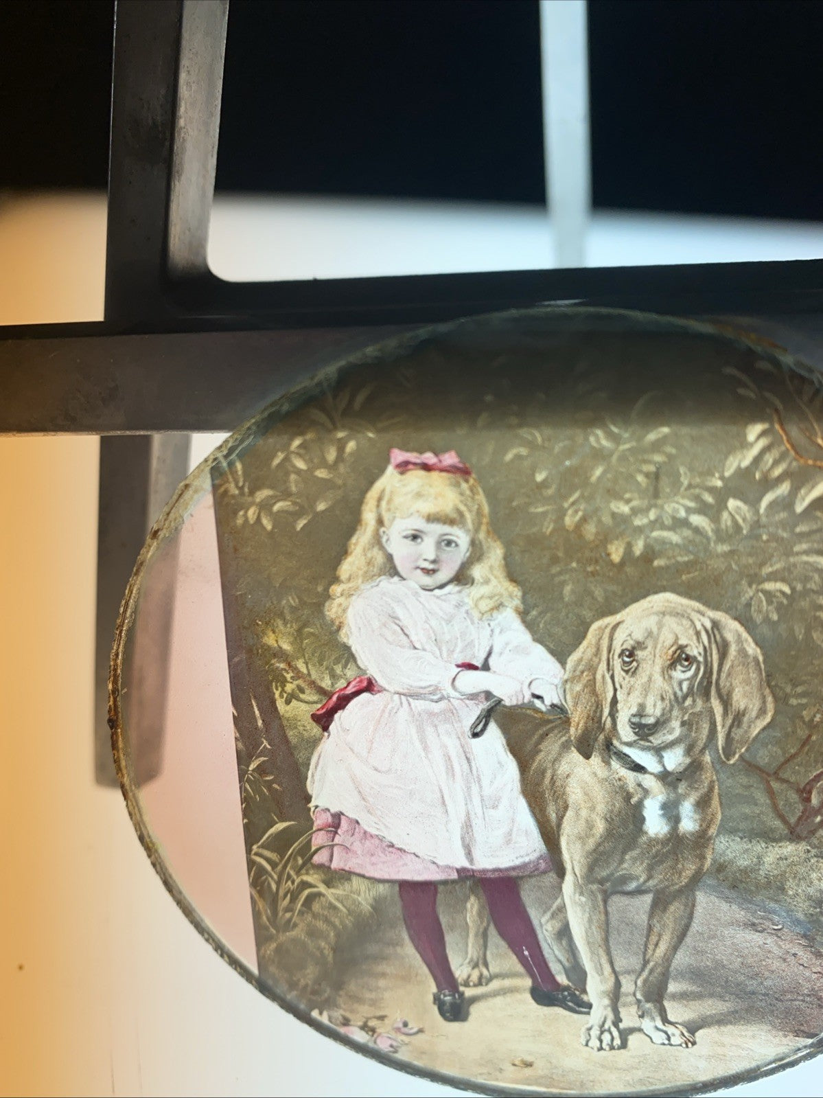 Magic Lantern Victorian Glass Round Handpainted Slide Girl and large dog (1110)