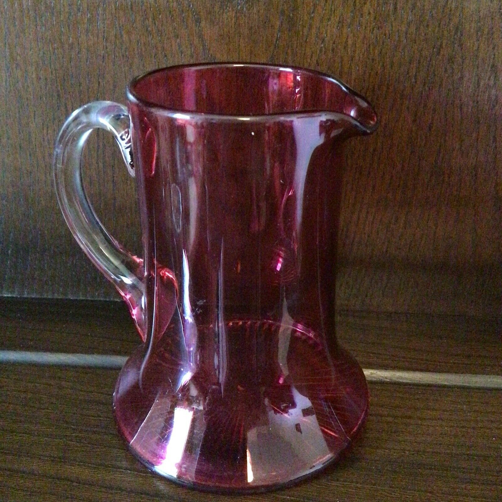 Antique wide bottom Cranberry Glass jug 5.5" high - (9775)