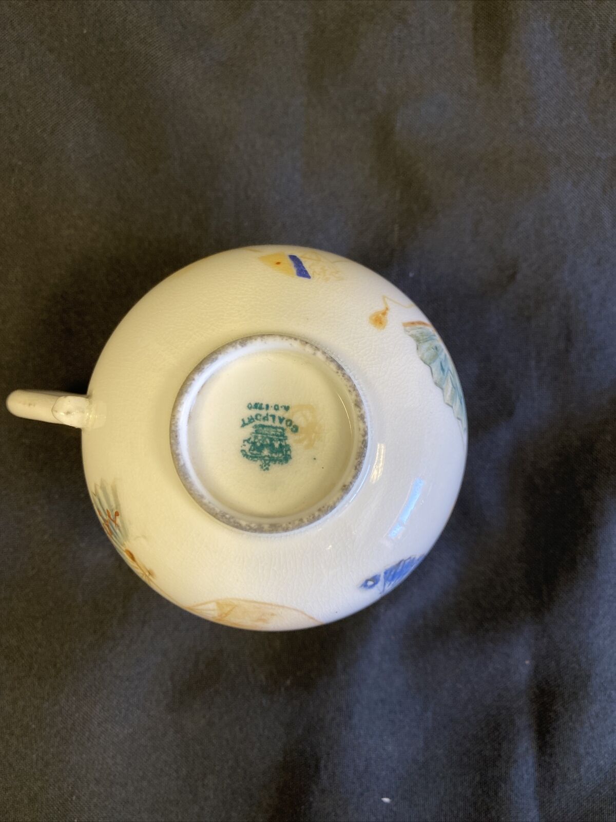 Antique Coalport cup with yellow rim and chinese fan design very unusual - (7716