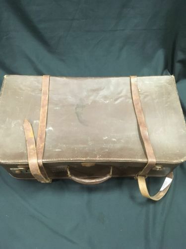 Antique Vulcan Leather Suitcase - Large prop theatre use - (2782)