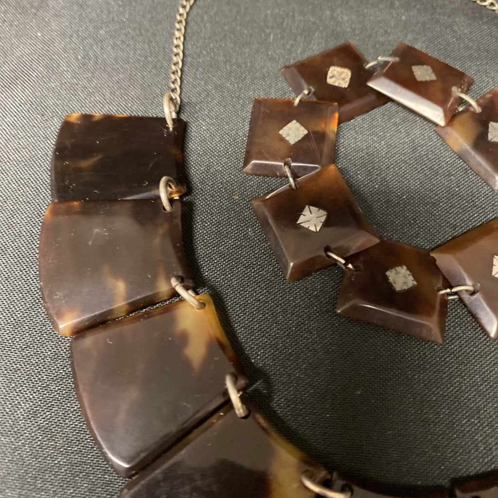 Art Deco 1920's Genuine Tortoiseshell & Silver Necklace and Bracelet - (1672)