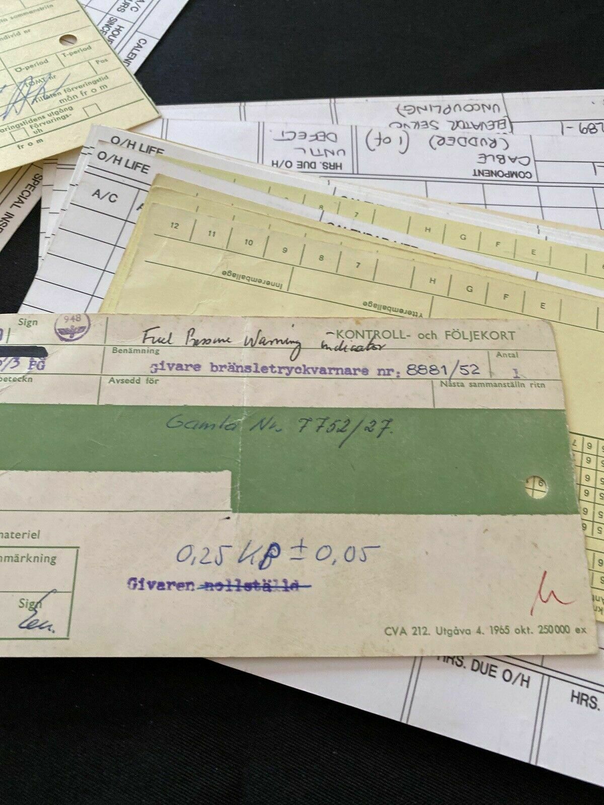 SAAB Factory Aircraft engines inspection Log Cards x 82 Collectable - 1970's - (6496)