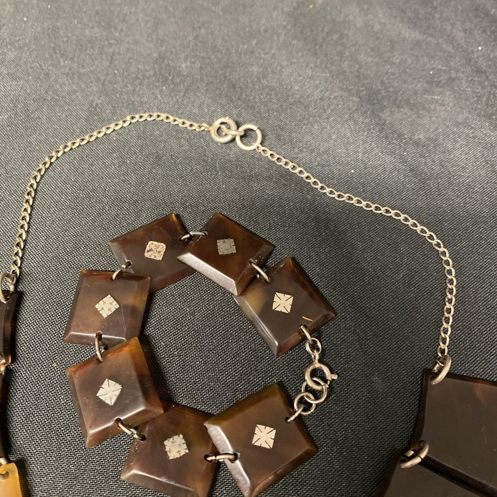 Art Deco 1920's Genuine Tortoiseshell & Silver Necklace and Bracelet - (1672)