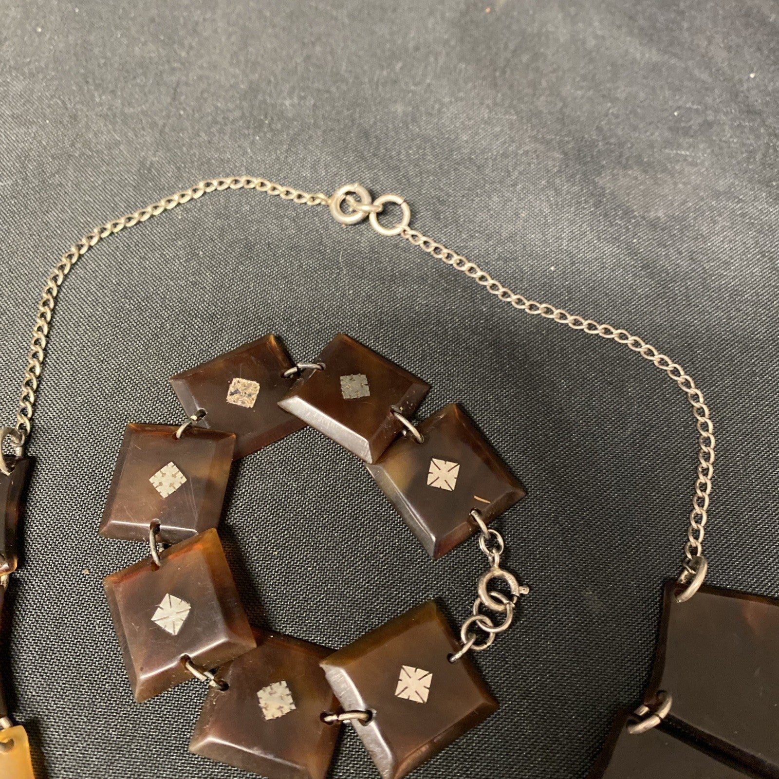 Art Deco 1920's Genuine Tortoiseshell & Silver Necklace and Bracelet - (1672)