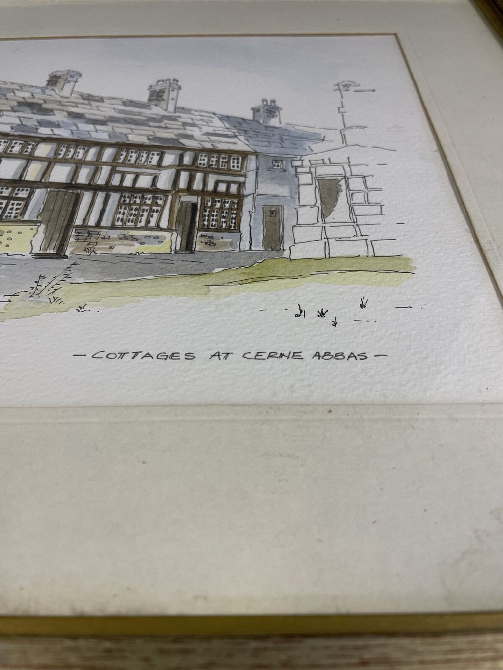 Vintage print by M.K.R 1992 watercolour of Cottages at Cerine Abbas - (8143)