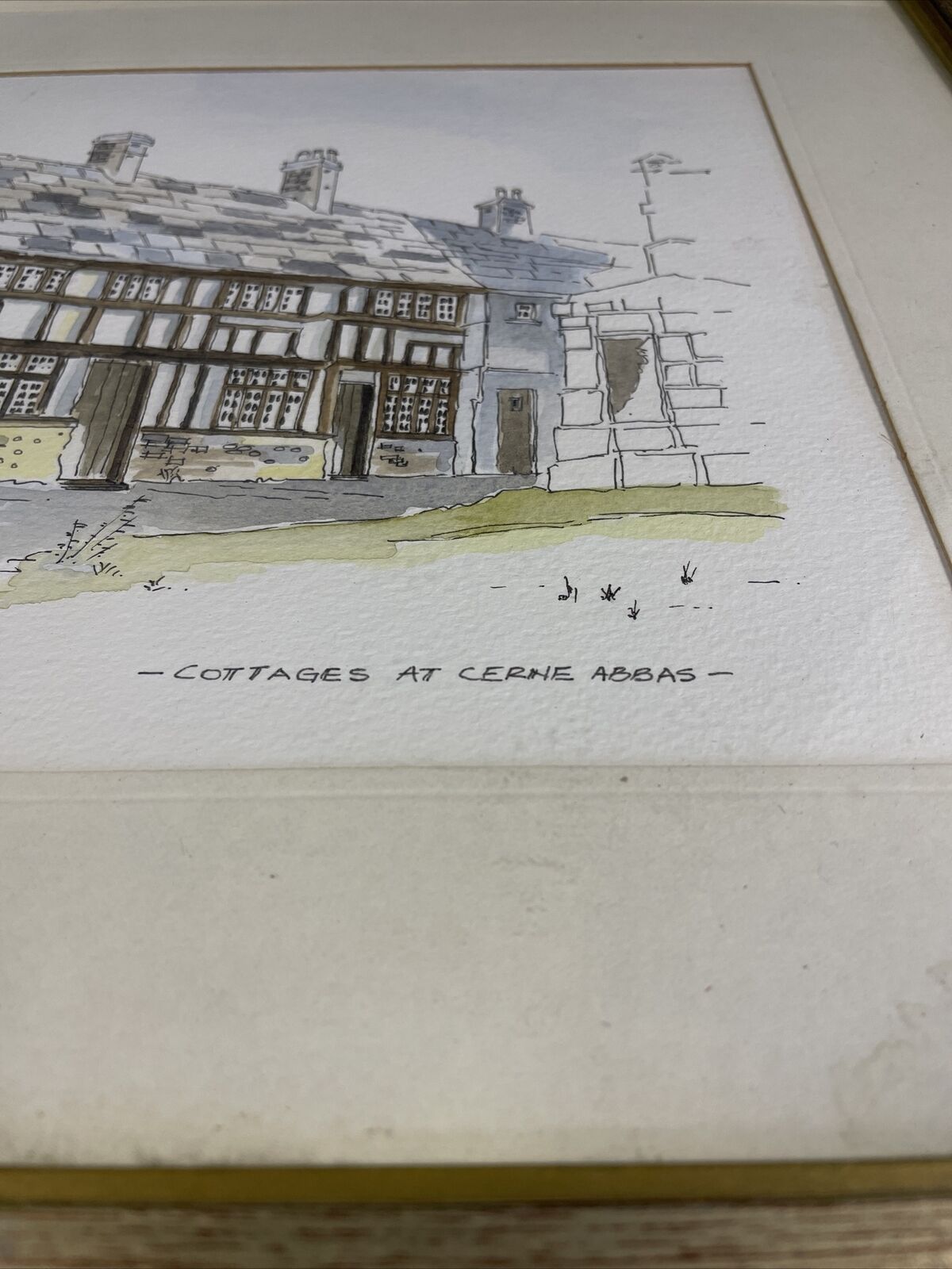 Vintage print by M.K.R 1992 watercolour of Cottages at Cerine Abbas - (8143)