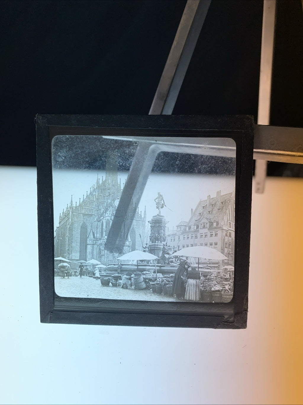 Magic Lantern Victorian Glass Square Photo Nuremberg Church & Fountain (1078)