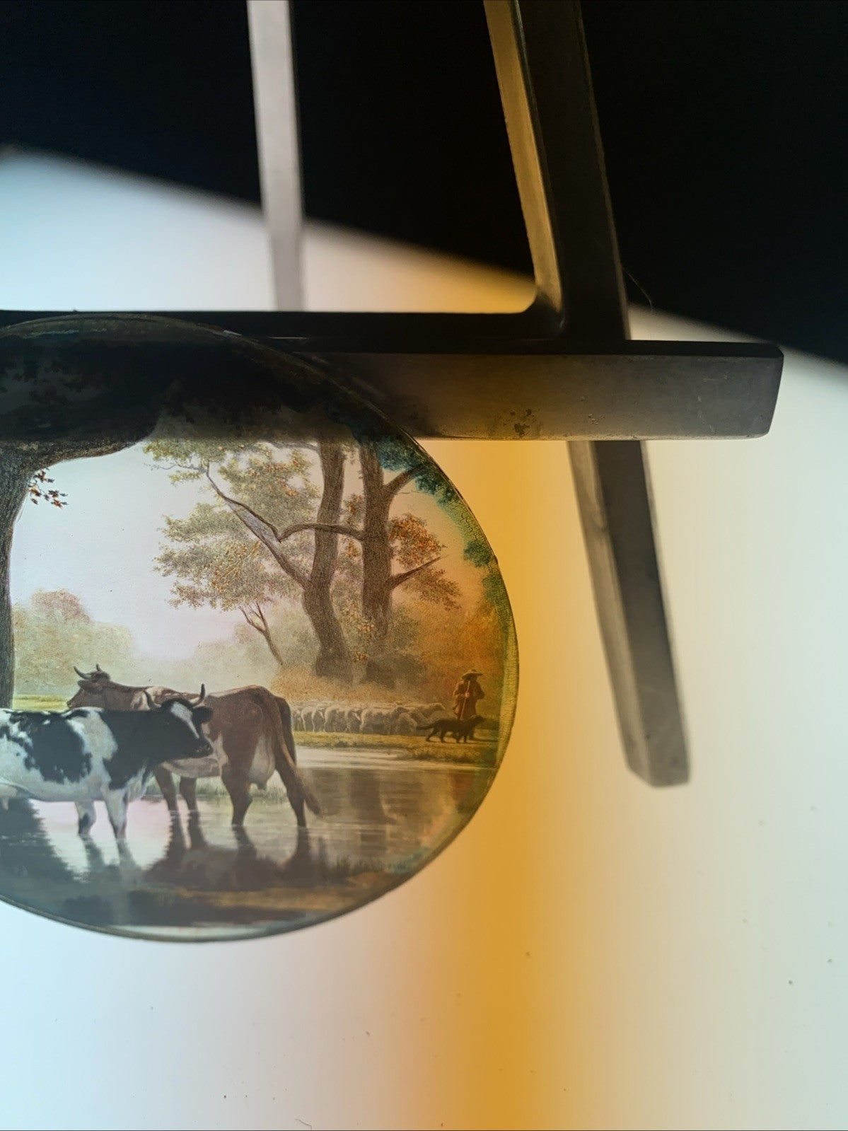 Magic Lantern Victorian Glass Round Handpainted Slide Cows in a stream (1151)