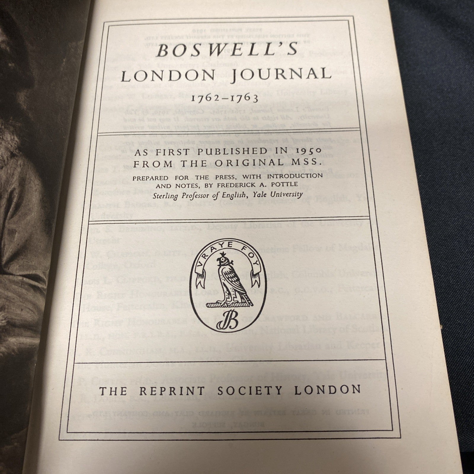 Book - Boswell's London Journal 1762 to 1763 - Printed 1952 - (1567)
