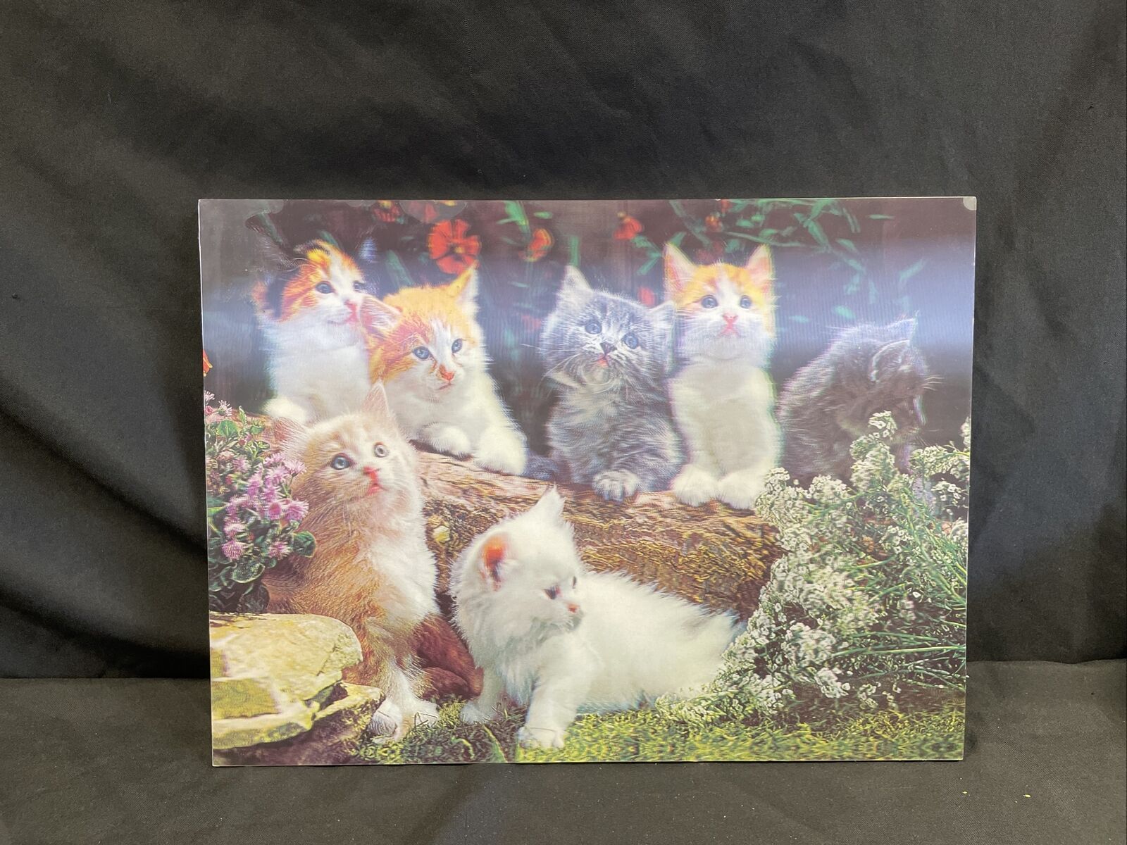 Vintage lenticular Kittens on a log on a hard board backing 39cm x 29cm - (8145)