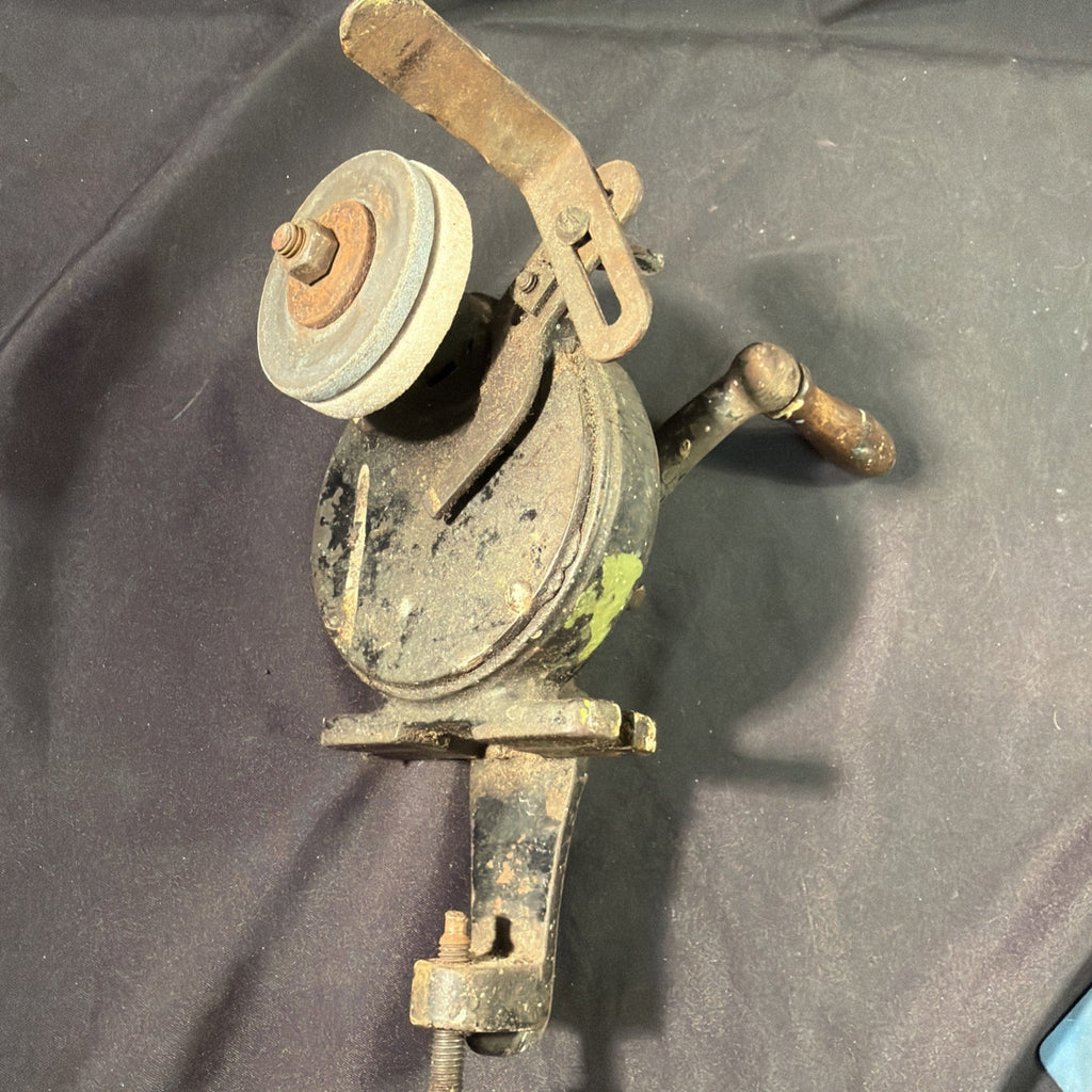 Vintage Cast Iron Hand Crank Bench Mount Grinder Sharpener Clamp On 3" Stone - (1978)