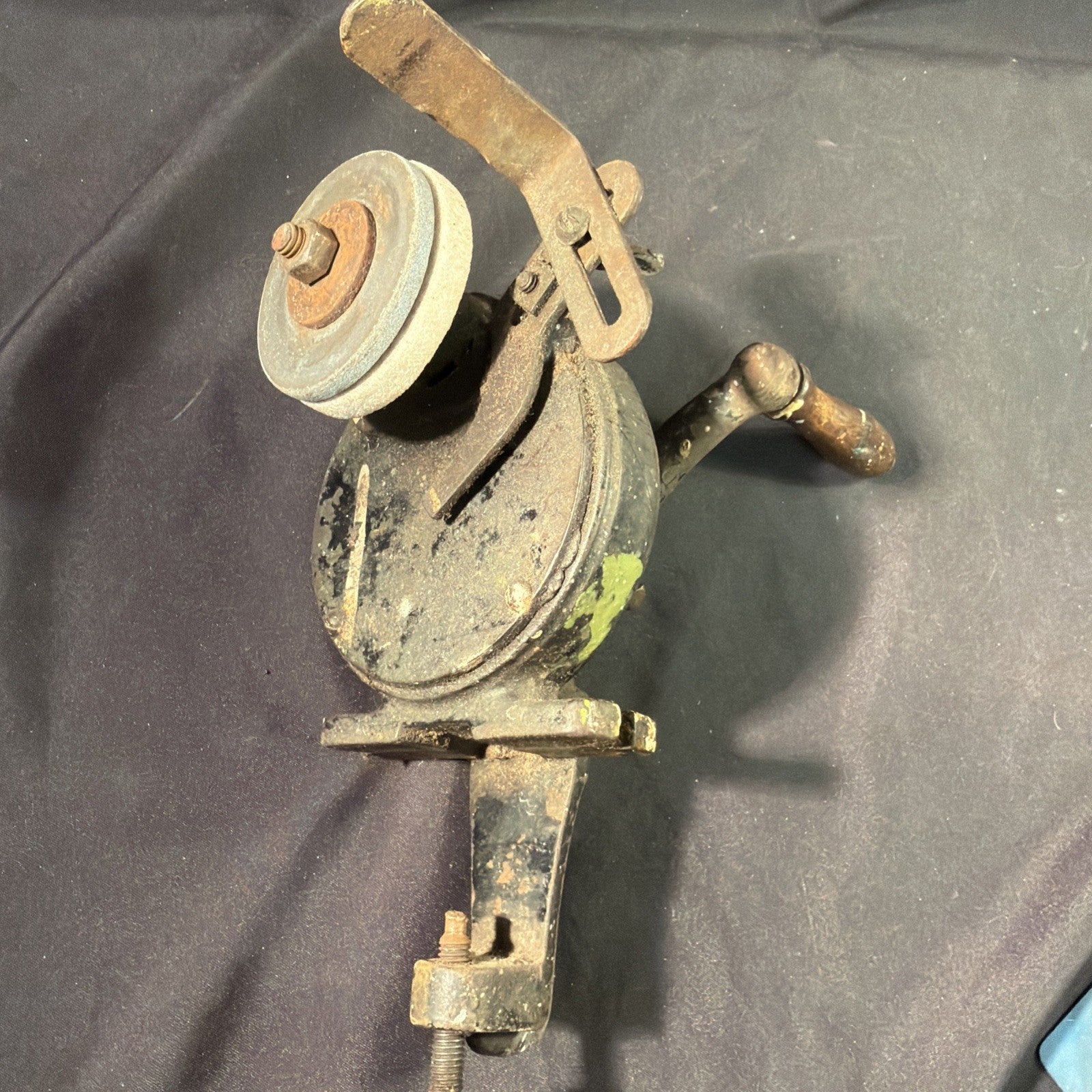 Vintage Cast Iron Hand Crank Bench Mount Grinder Sharpener Clamp On 3" Stone - (1978)
