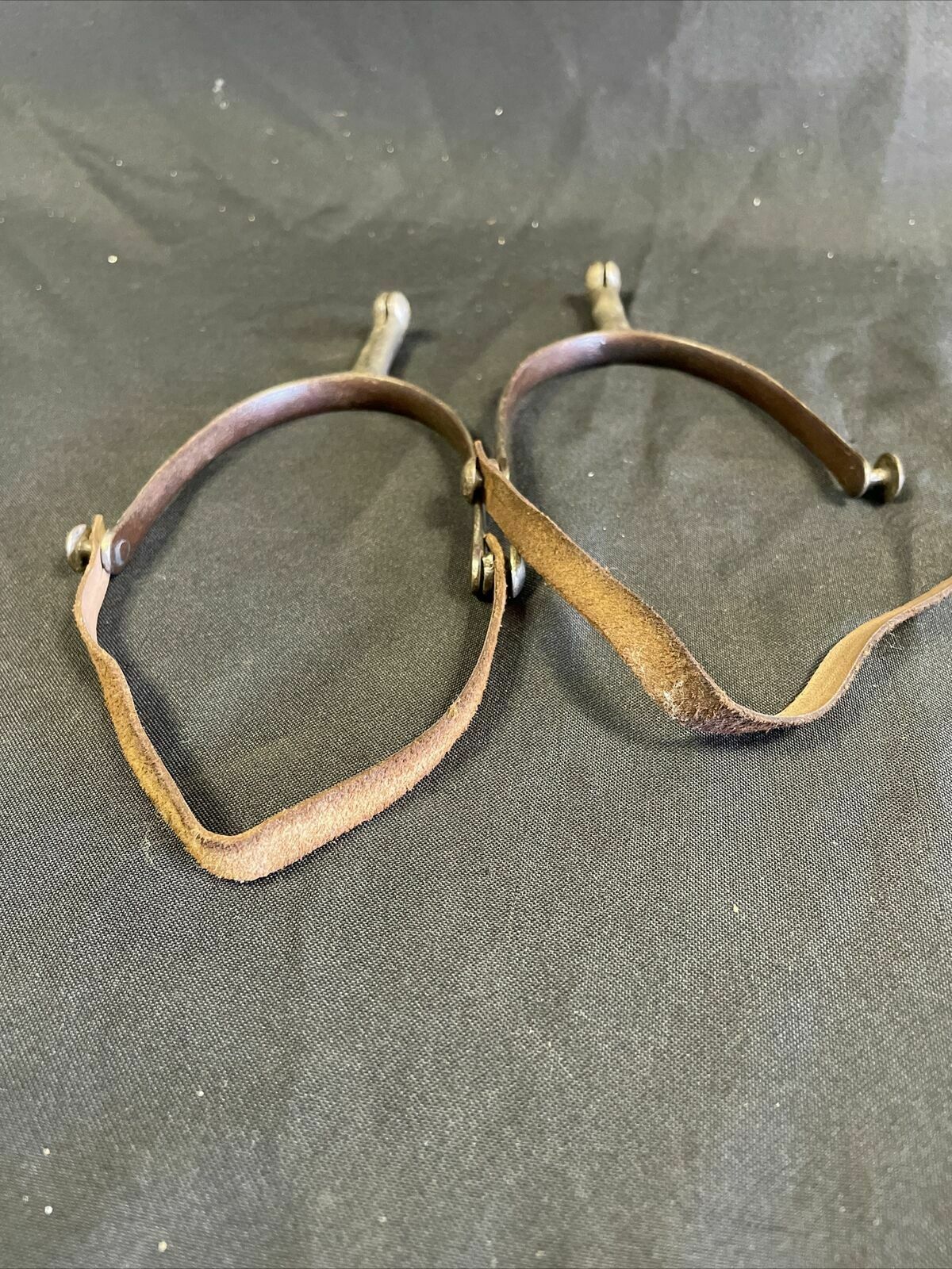 Antique Nickel Military Hunting Spurs sharp with leather straps WW1? - (8275)