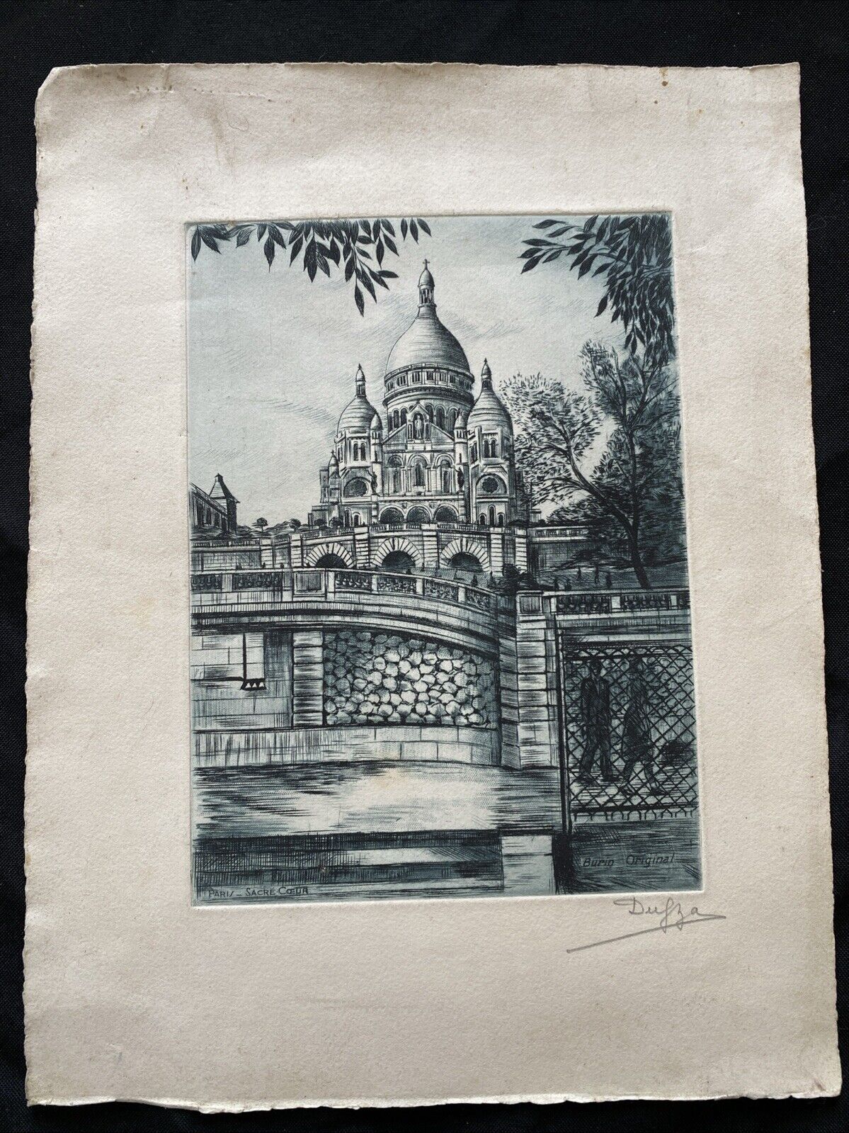 Dufza Burin Etching Sacre Coeur Paris Burin Original Signed -(5855)