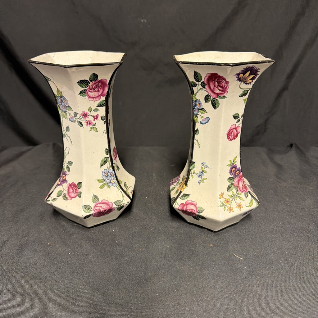 Delton Ware Burslem Rose Trellis 1904 - 1910 Pair of Vases - (1877)