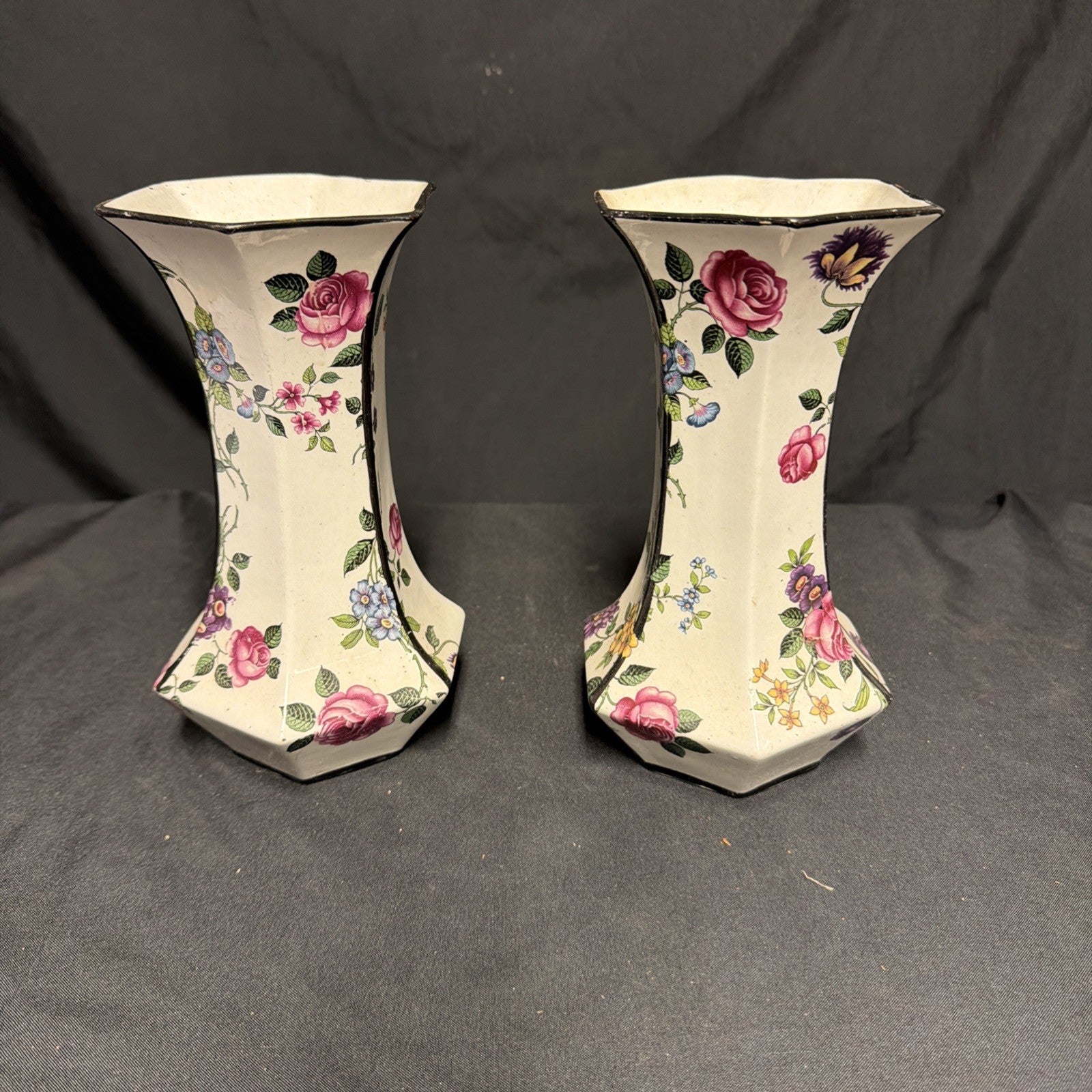Delton Ware Burslem Rose Trellis 1904 - 1910 Pair of Vases - (1877)